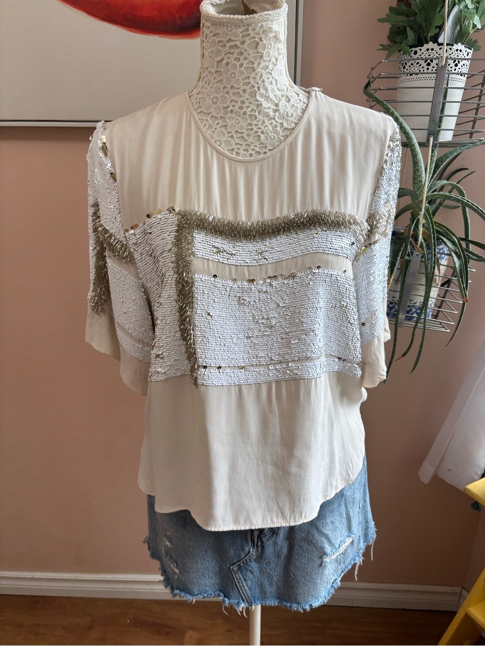 By Malene Birger Cream Beaded Sequin Draped Pullover Blouse, Size Medium